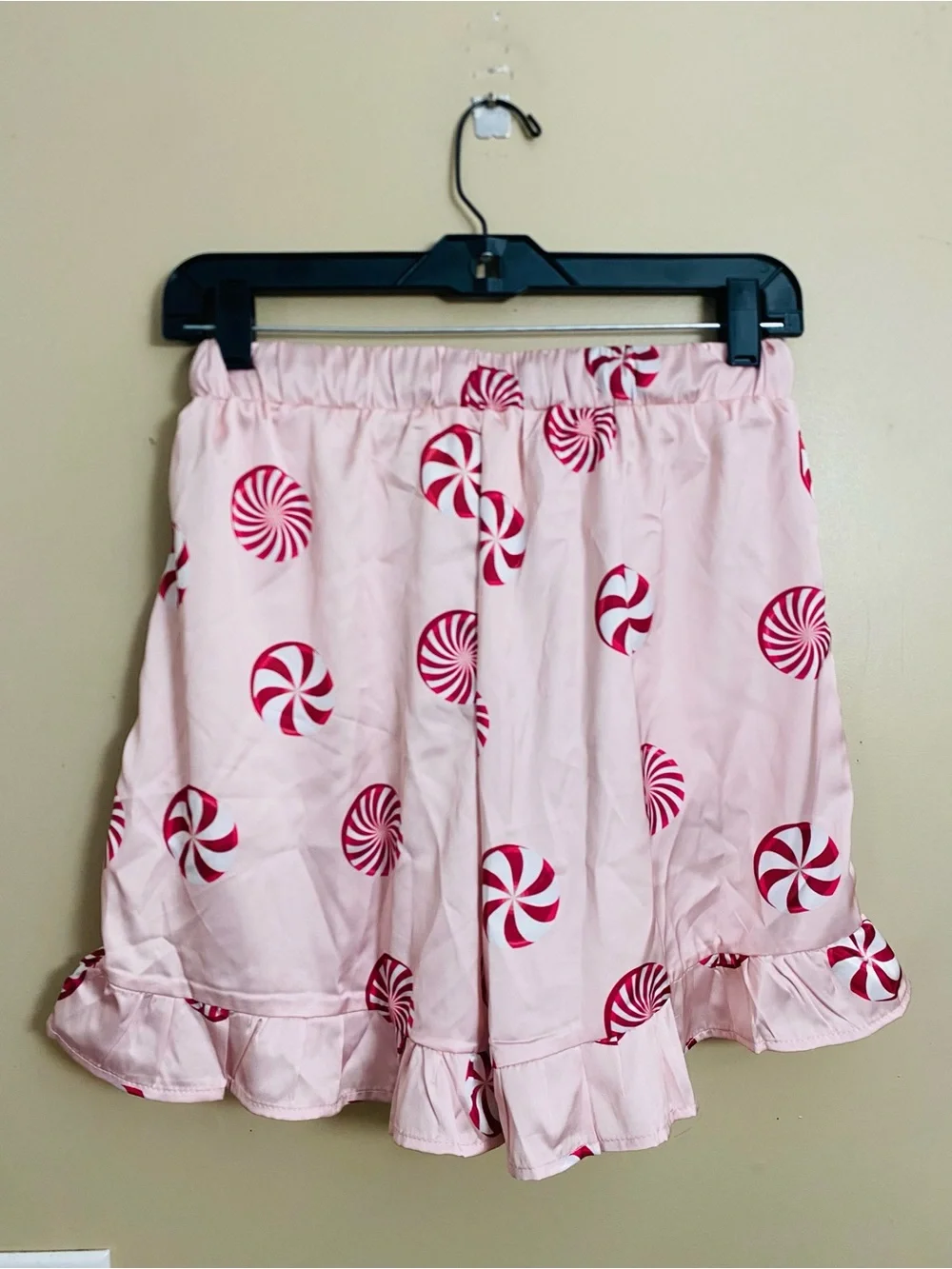 Fantastic Fawn NWT Pink & Red Peppermint Print Satin PJ Set Velvet Red Trim SM